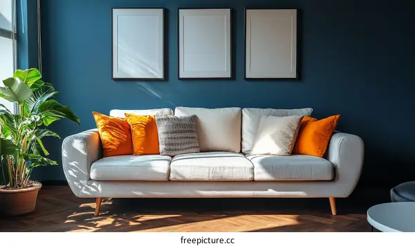 Modern Living Room Decor with Gray Sofa and Orange Pillows