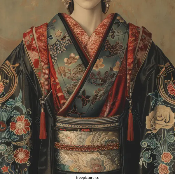 A Japanese Geisha with an Elaborate Hairdo Wearing a Kimono