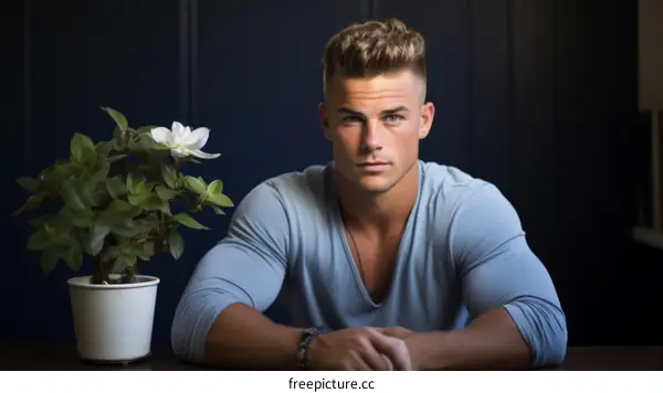 Portrait of a young man with a plant