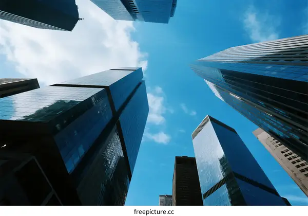 Looking up at modern skyscrapers under a clear blue sky