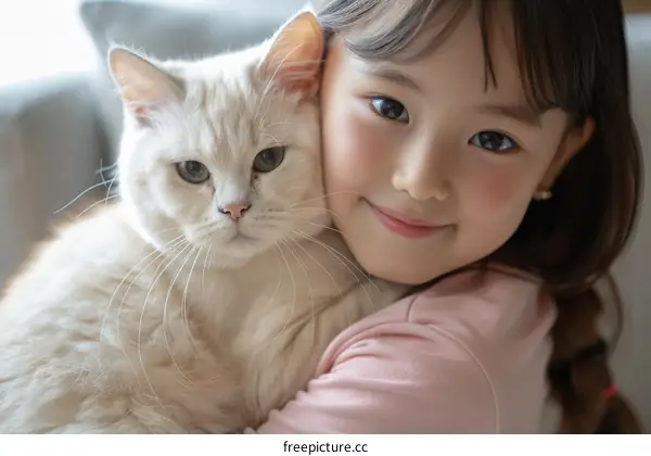 An Asian girl hugging a white cat