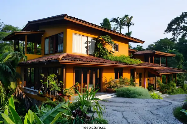 Tropical House with Orange Walls and a Gravel Driveway
