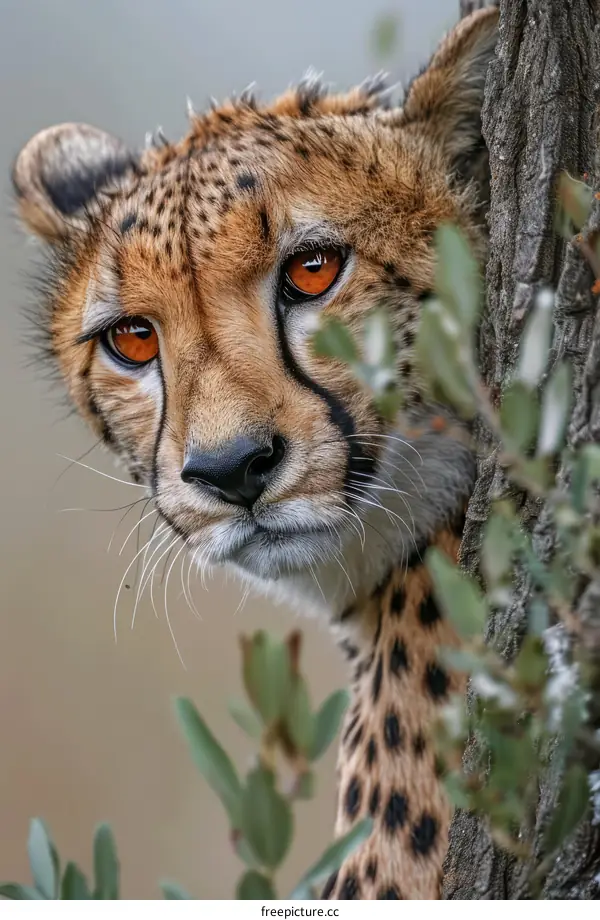 Cheetah Staring Intently from Behind a Tree