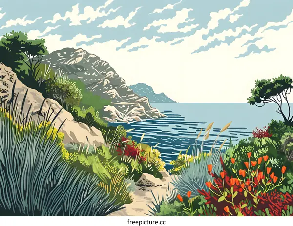 Coastal Landscape with Lush Vegetation and Mountain Range