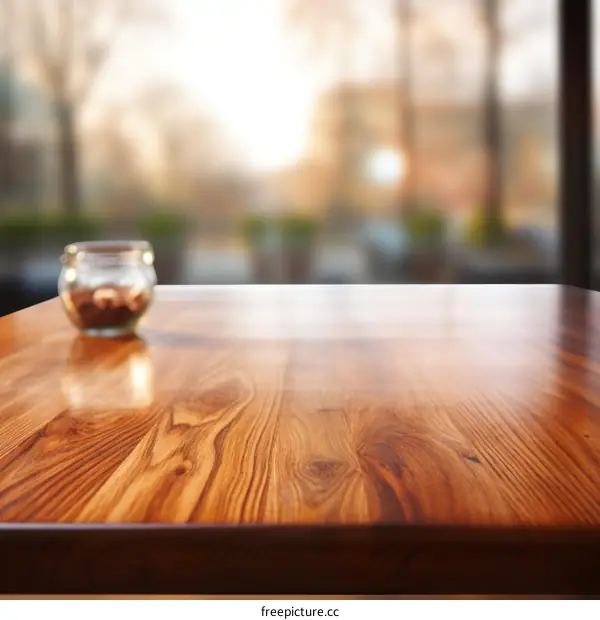 Empty Wooden Table with Glass Jar