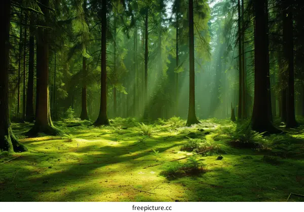 The sun shines through the green forest