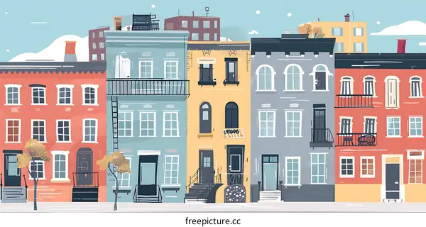 Colorful Row of Houses in Cityscape Illustration