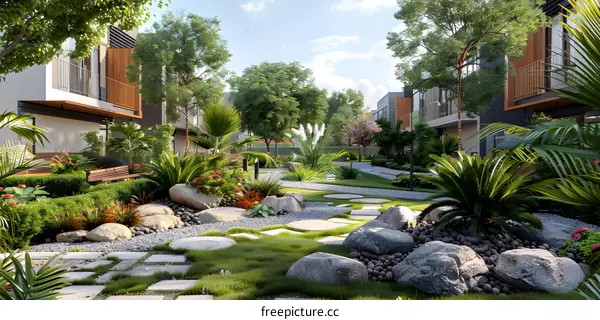 Courtyard with tropical plants and stone path