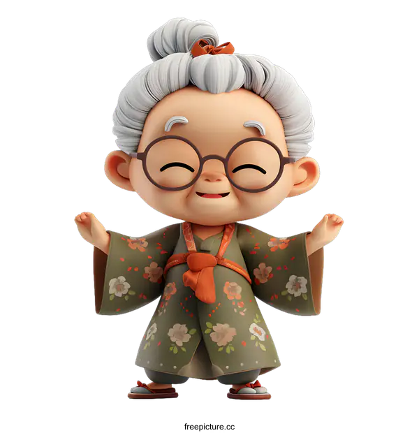 [Transparent Background PNG]A 3D rendering of a cute old Japanese woman