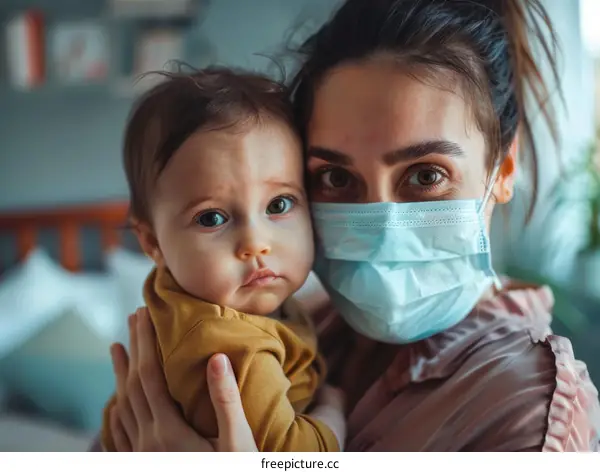 Mother and baby wearing surgical masks to prevent coronavirus infection