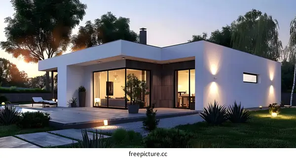 Modern House with Pool and Garden at Sunset