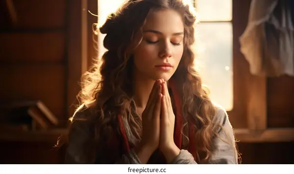 Praying woman with long brown hair wearing historical clothing