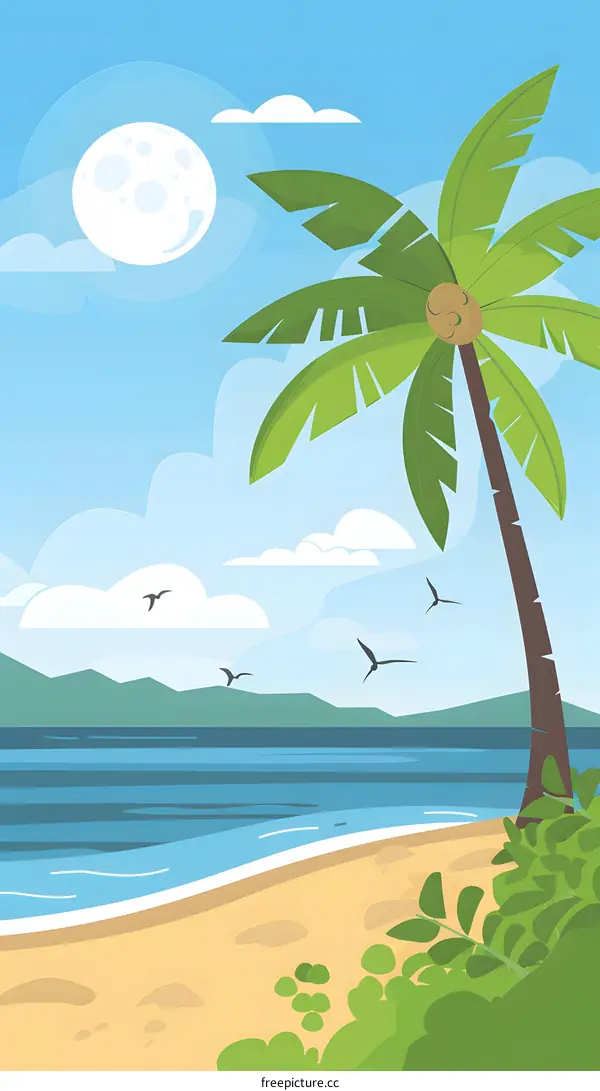 Palm Tree on Tropical Beach with Moon in the Sky