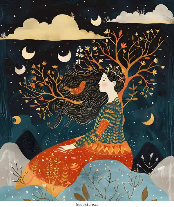 Woman with Long Hair and Bird in Tree Under Night Sky with Stars and Moons