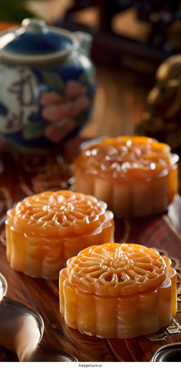 Close Up of Three Chinese Moon Cakes on Wooden Tray