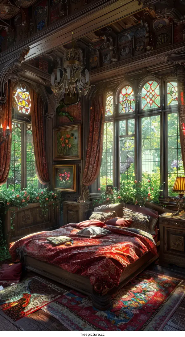 Elegant Victorian Bedroom Illustration with Sunlight