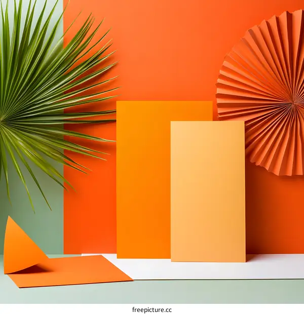 Orange and Green Minimalist Still Life with Palm Leaf