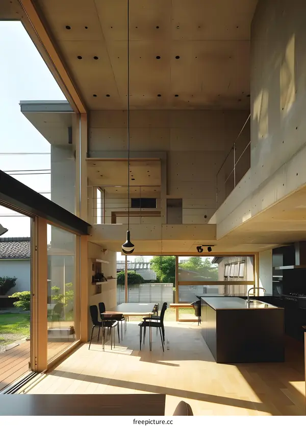Modern Minimalist Concrete House Interior with Large Windows