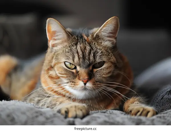 A curious ginger tabby cat staring at the camera