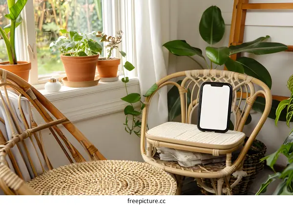 White Screen Phone Mockup on Wicker Chair in Boho Interior Design
