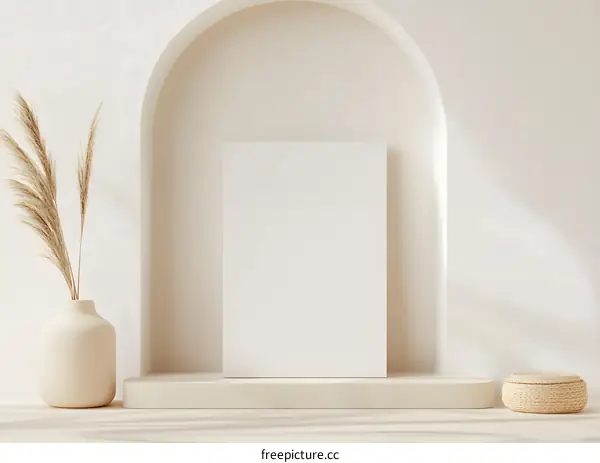 Minimalist White Wall with Arch and Empty Frame for Artwork