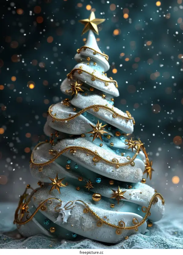Abstract Christmas Tree Decorated with Snow, Stars, and Gold