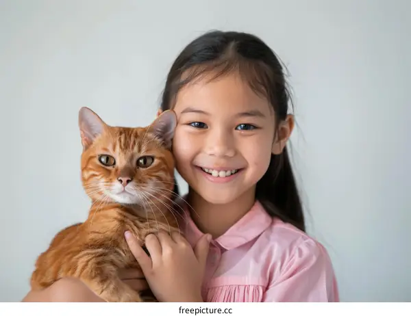 A young girl is hugging an orange cat
