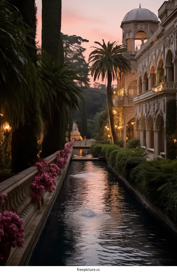 A beautiful reflecting pool in a lush garden with a mansion in the background