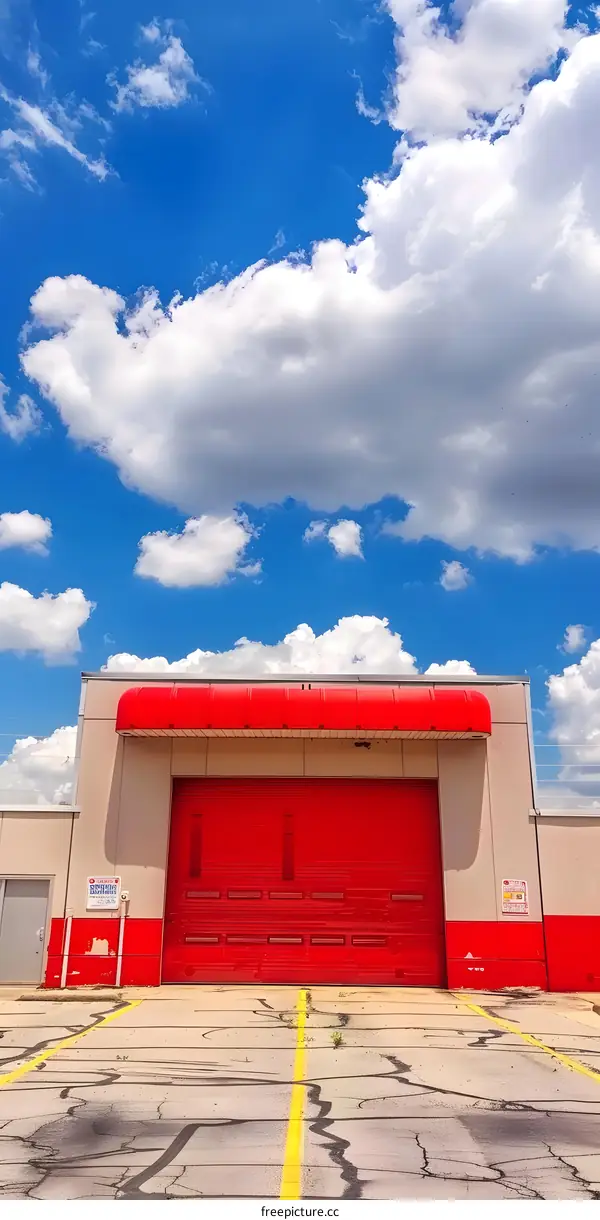 Red Garage Door Under a Blue Sky with White Clouds