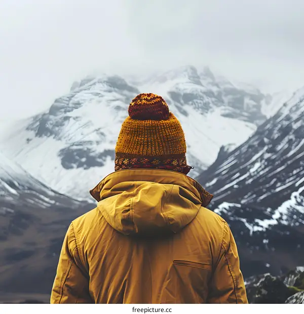 Man in a Yellow Jacket Looking at Snowy Mountains