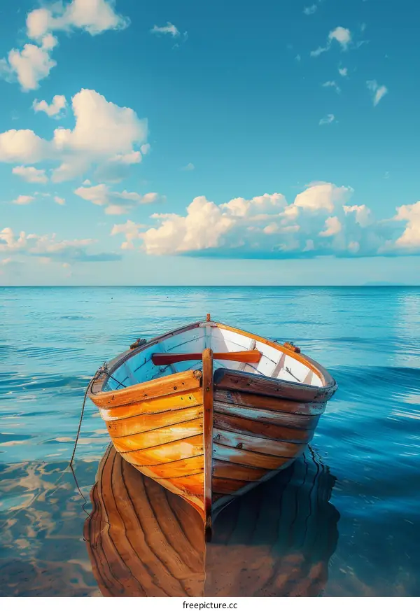 Wooden boat floating on calm water with blue sky and white clouds in the background