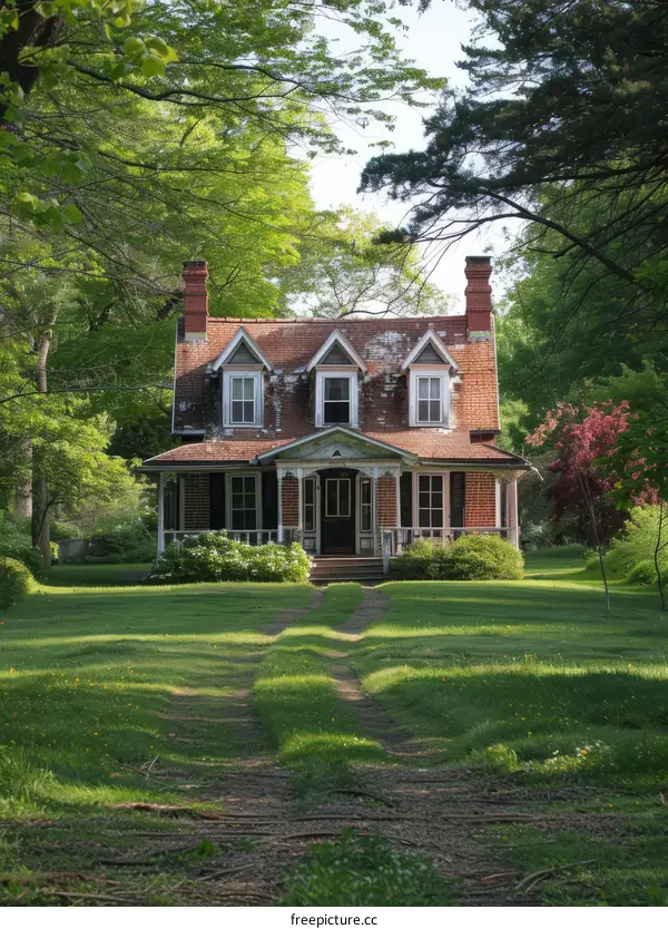 Red Wooden Cottage in a Lush Green Field