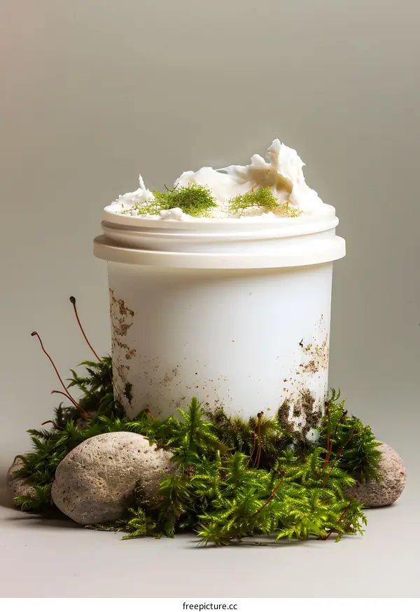 White Container With Moss and Rocks