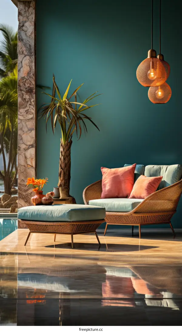 Rattan Chair and Ottoman with Pink Cushions on a Blue Wall