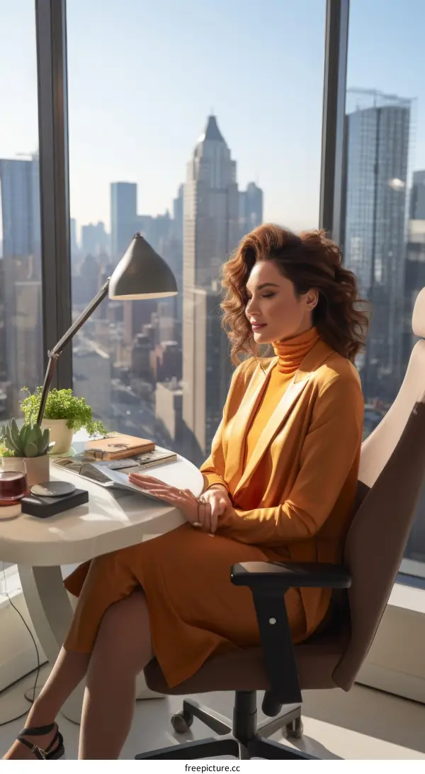 businesswoman sitting in modern office chair and looking at tablet