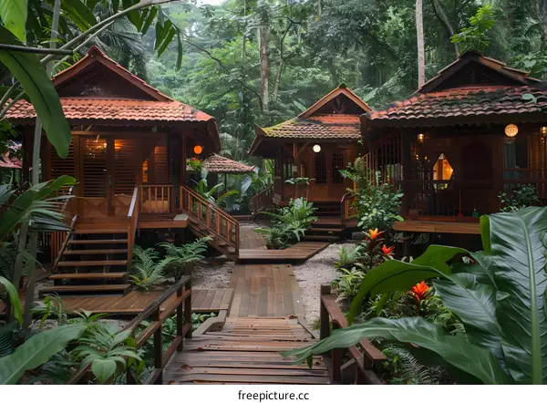 Wooden bungalows in the rainforest