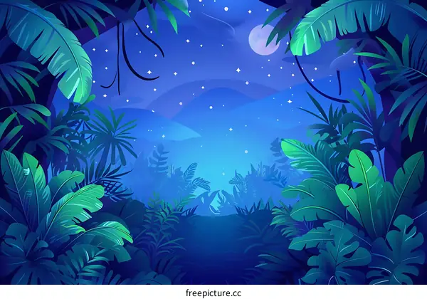 Night Jungle Illustration with Full Moon and Stars
