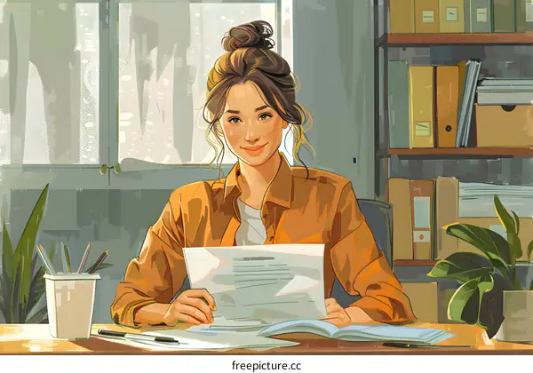 A woman is sitting at a desk in an office. She is wearing an orange shirt and has her hair in a bun. She is smiling and looking at the camera. There are papers and a plant on the desk.