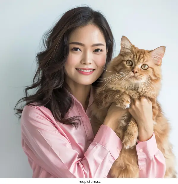 Asian woman hugging her cat