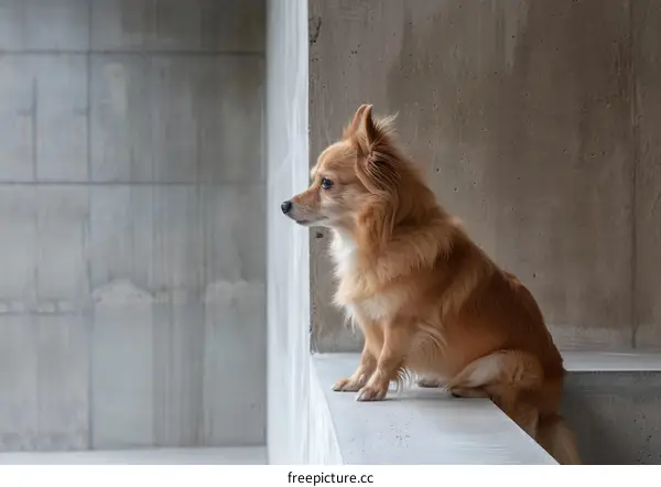 Ginger Dog Relaxing on Concrete Terrace