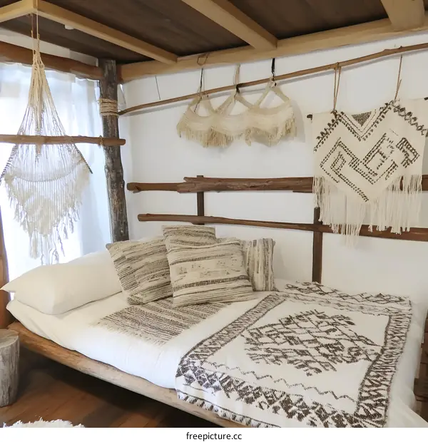 Rustic White Bedroom with Natural Wooden Bed and Geometric Wall Hangings