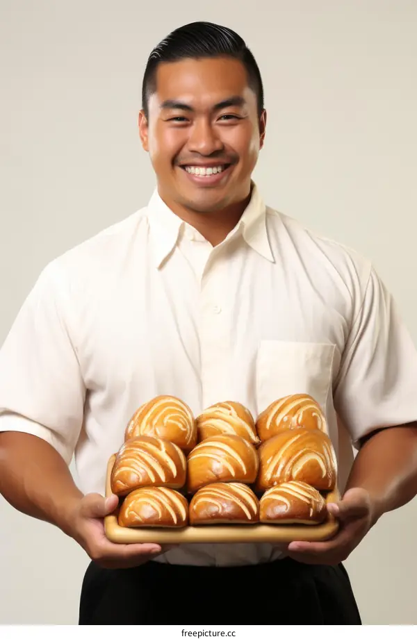 Baker holding a tray of pastries