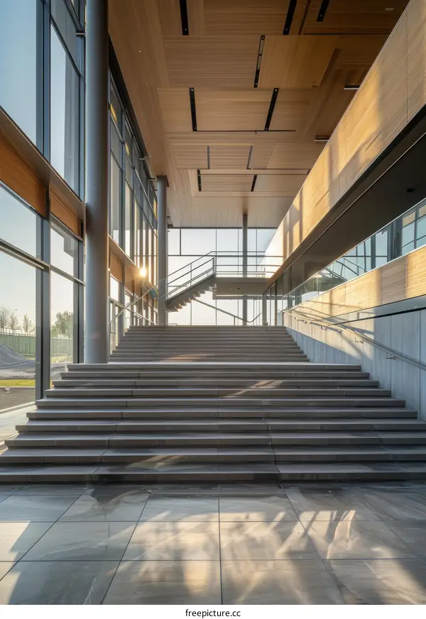 Modern architecture with large glass windows and wooden staircase