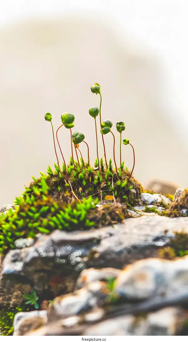 Tiny Green Mossy Plants Growing On Rocks