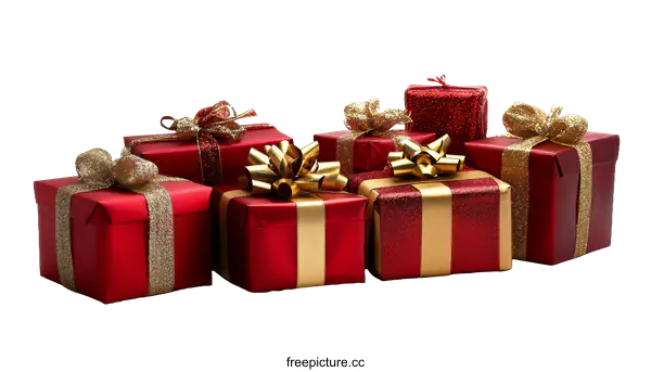 [Transparent Background PNG]Red Gift Boxes with Gold Ribbons