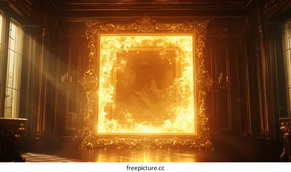 fantasy golden magic portal in a dark room