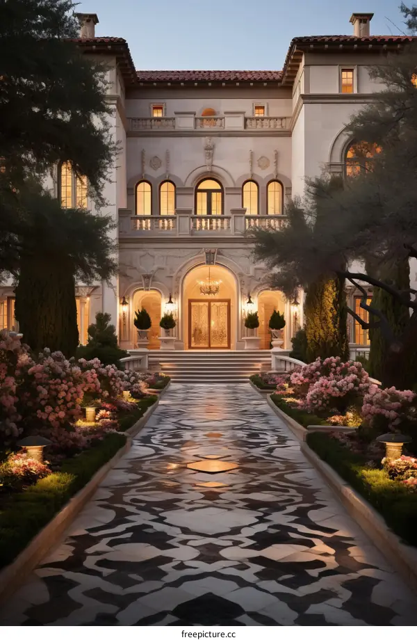 Magnificent Mansion with Grand Staircase and Lush Gardens