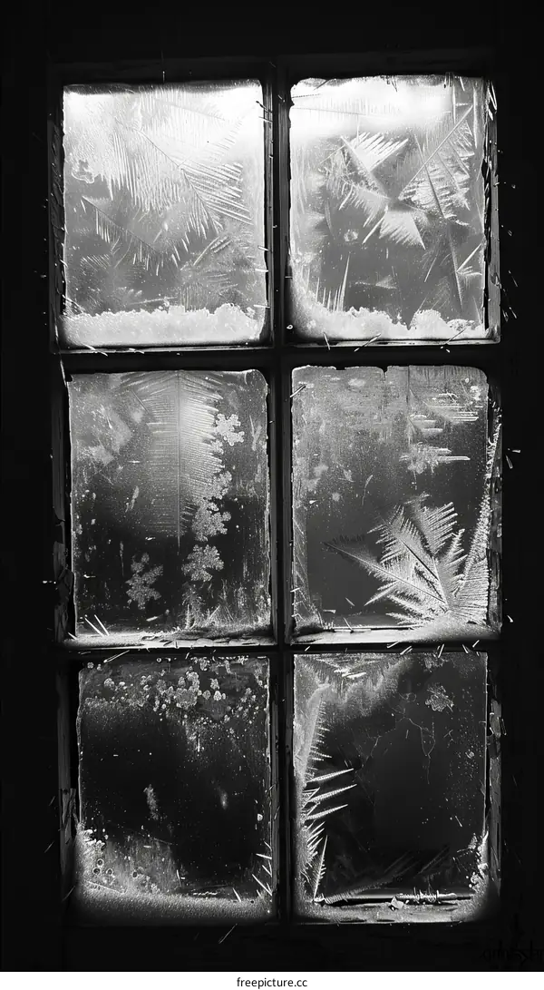 Black and white photo of a window covered in frost