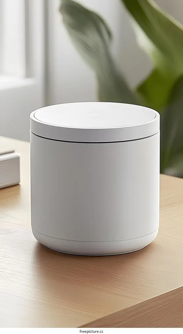 White Round Device on Wooden Table