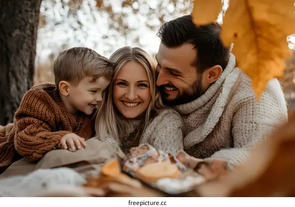Happy Family Of Three Laying In Autumn Leaves